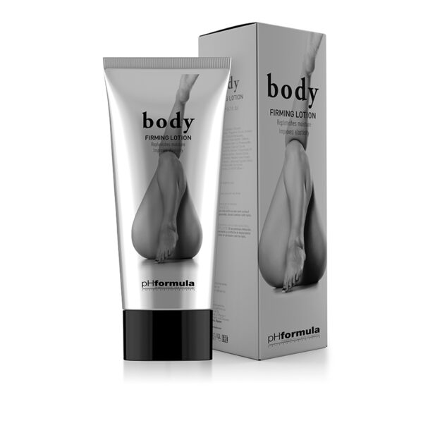 BODY firming lotion - A silver bottle stands next to an identicle coloured box. Both with a suggestive droplet shape.
