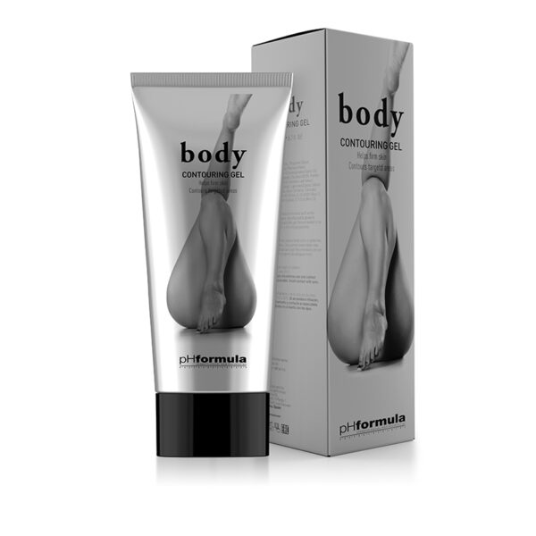 BODY Contouring Gel - A silver bottle stands next to an identical box, both with a suggestion of a liquid droplet on the packaging.