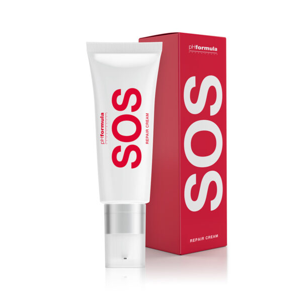 SOS Repair Cream - a white plastic tube with the word SOS written in a bold red typeface, standing next to a red box with the same written in white.