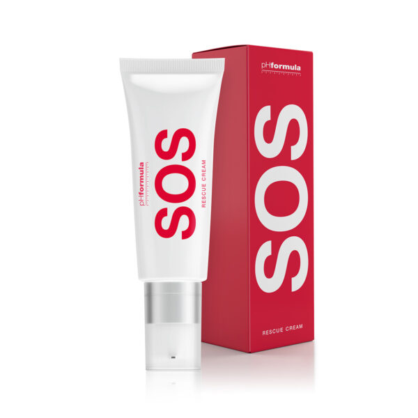 SOS Rescue Cream - a white tube with the word SOS written in bold red type. It stands next to an identical but inverted box.